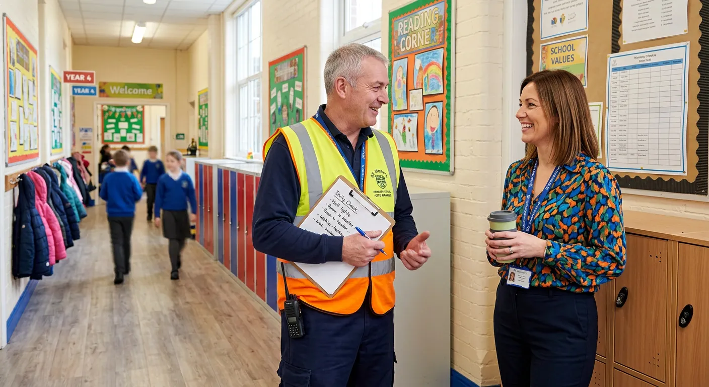 A professional, friendly school caretaker in a high-vis vest, holding a clipboard and talking to a t... A professional, friendly school caretaker in a high-vis vest, holding a clipboard and talking to a teacher in a bright, well-maintained school corridor, symbolising daily communication and teamwork.