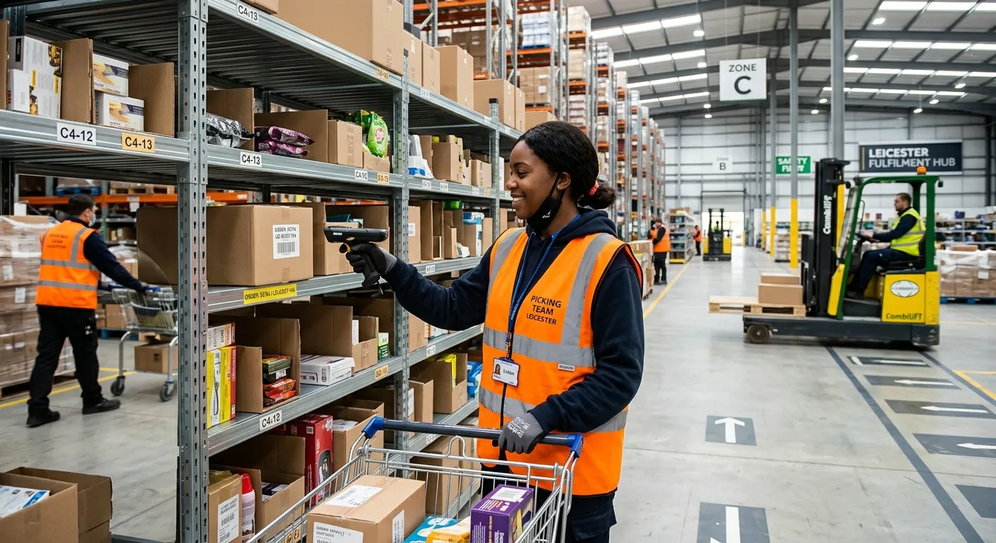 A dynamic, professional shot inside a modern, well-organized warehouse in Leicester. A picker packer... A dynamic, professional shot inside a modern, well-organized warehouse in Leicester. A picker packer in high-visibility gear is accurately scanning a barcode on a shelf, with other team members and forklifts visible in the background. The image conveys efficiency, scale, and a positive work environment.
