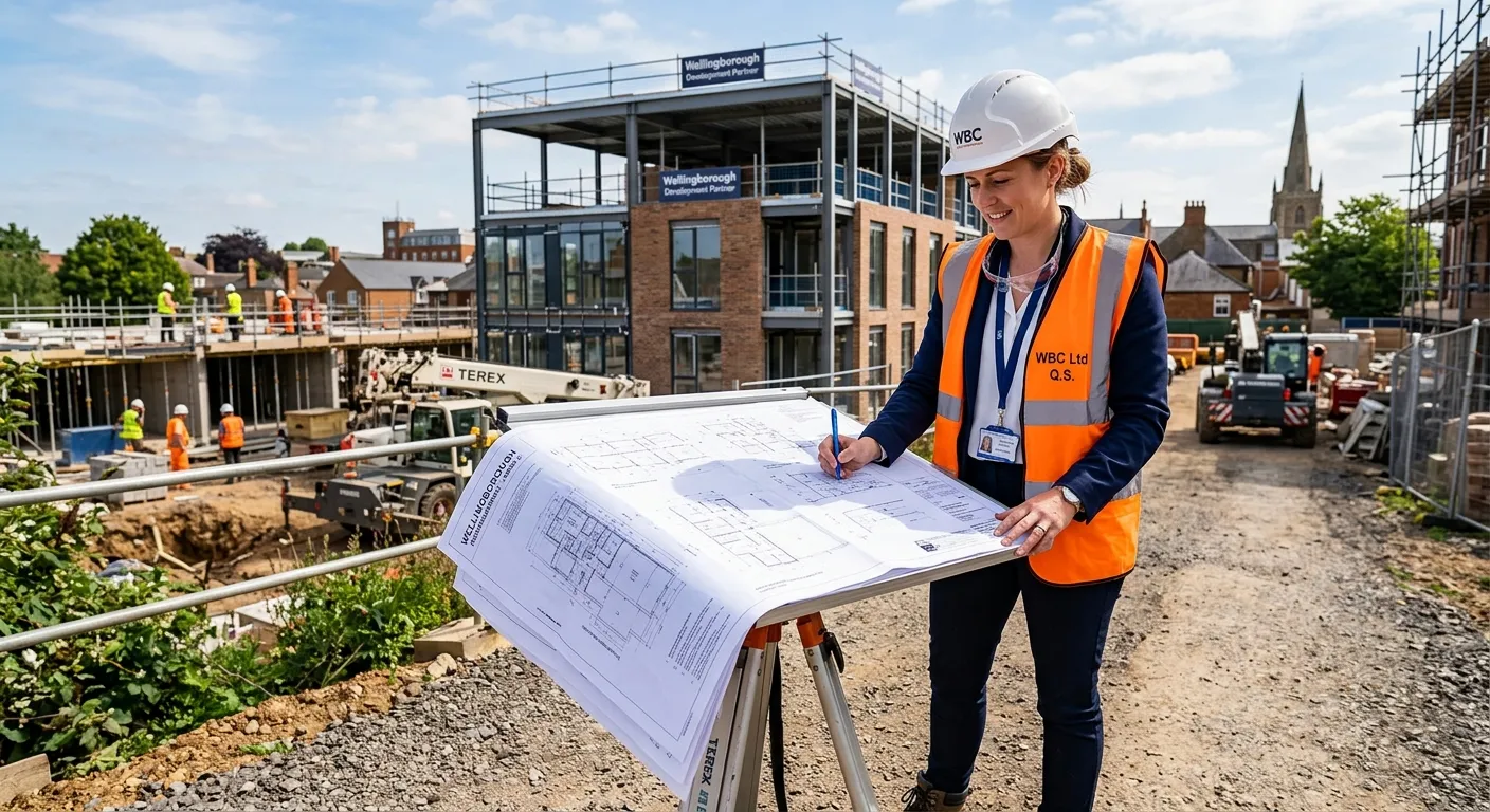 A professional, confident Quantity Surveyor in a high-vis vest reviewing construction plans on-site... A professional, confident Quantity Surveyor in a high-vis vest reviewing construction plans on-site at a modern development in Wellingborough, bright daylight, professional and trustworthy mood