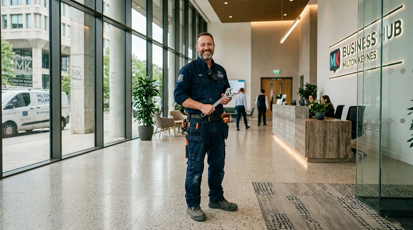 A professional, confident plumber in workwear, smiling while holding a wrench, standing in a modern,... A professional, confident plumber in workwear, smiling while holding a wrench, standing in a modern, well-maintained commercial building lobby. The image should convey trust, expertise, and a local Milton Keynes setting.