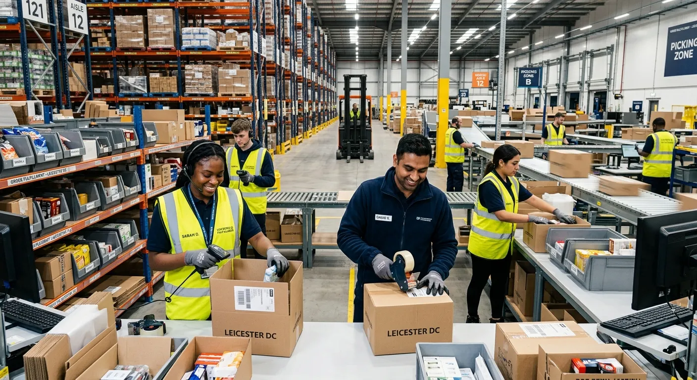 A dynamic, high-energy hero image showing a diverse team of warehouse operatives efficiently picking... A dynamic, high-energy hero image showing a diverse team of warehouse operatives efficiently picking and packing orders in a modern, well-lit Leicester distribution centre. The mood is professional, productive, and focused.