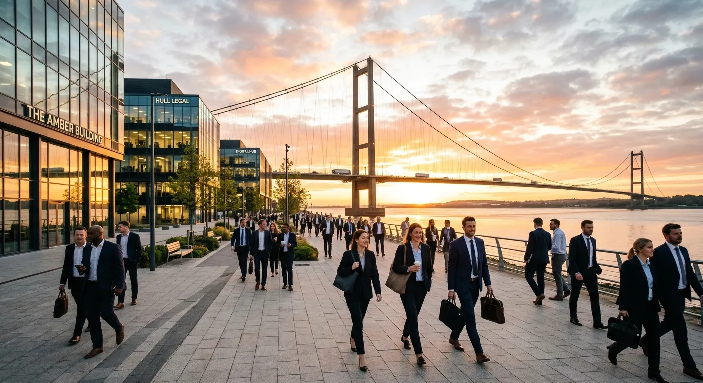 A dynamic, wide-angle photograph of the Humber Bridge at sunrise, with a modern office district of Hull in the foreground. Professionals are walking purposefully, symbolizing the start of a productive day. Style: Vibrant, optimistic, professional. Mood: Energetic and full of potential.