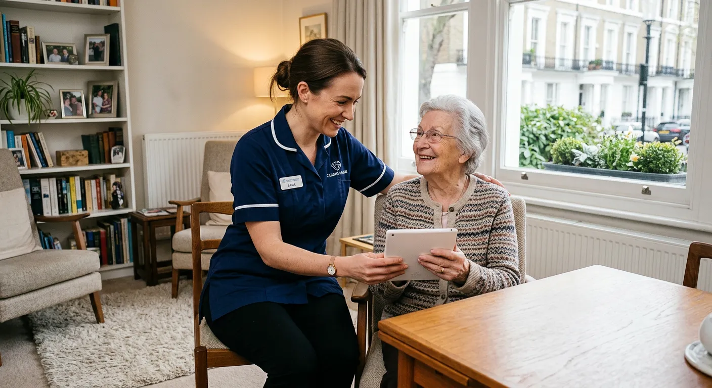 A compassionate, professional Care Worker in a clean, modern home environment in SW1, London, assist... A compassionate, professional Care Worker in a clean, modern home environment in SW1, London, assisting an elderly client with a warm smile. The image should feel authentic, trustworthy, and convey a sense of purpose and dignity.