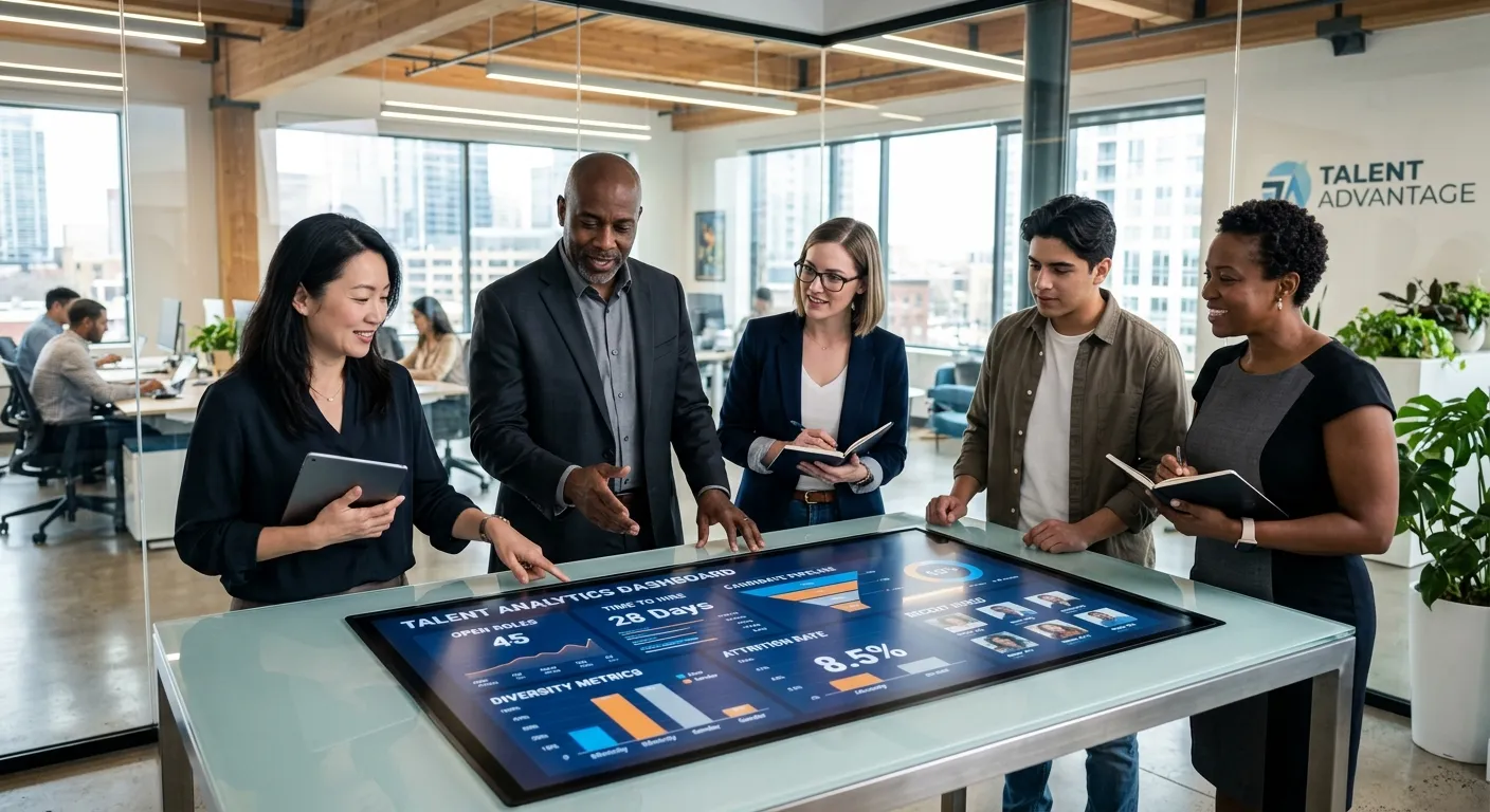 A professional, high-contrast image showing a diverse team of HR professionals and business leaders collaborating over a digital dashboard displaying talent analytics and hiring metrics. Modern office setting with a focus on technology and partnership.