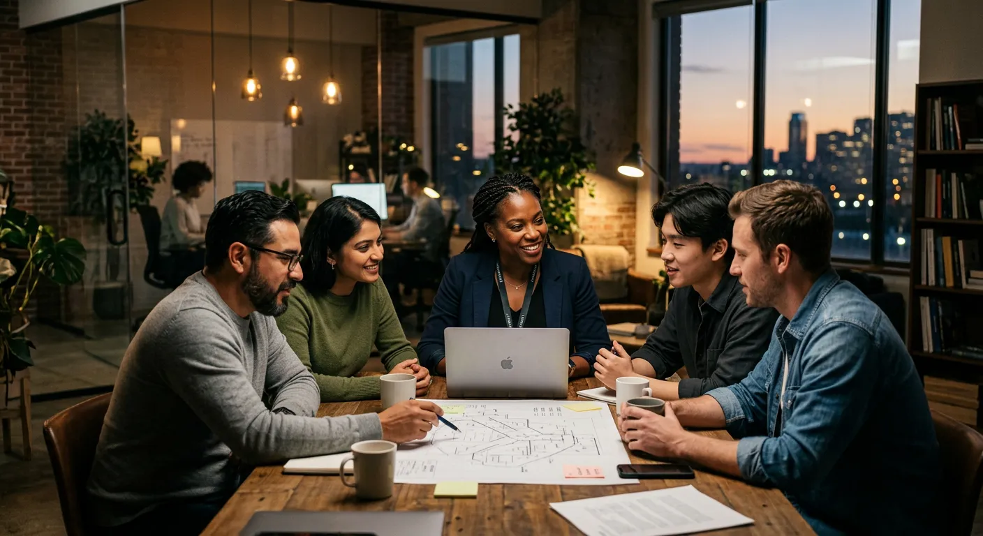 A diverse, professional team collaborating in a modern office setting, with one highlighted team member seamlessly integrated into the group, symbolizing staff augmentation. Moody, professional lighting with a focus on collaboration.