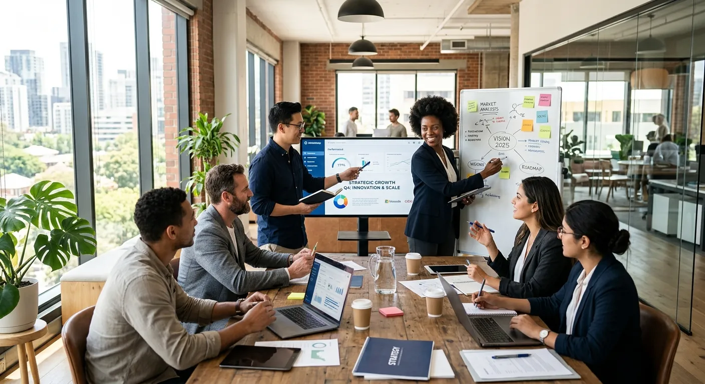 A diverse group of modern professionals collaborating in a bright, airy office space, with a focus on teamwork and strategic planning. Style: Professional, aspirational, high-resolution. Mood: Confident, innovative, and forward-thinking.