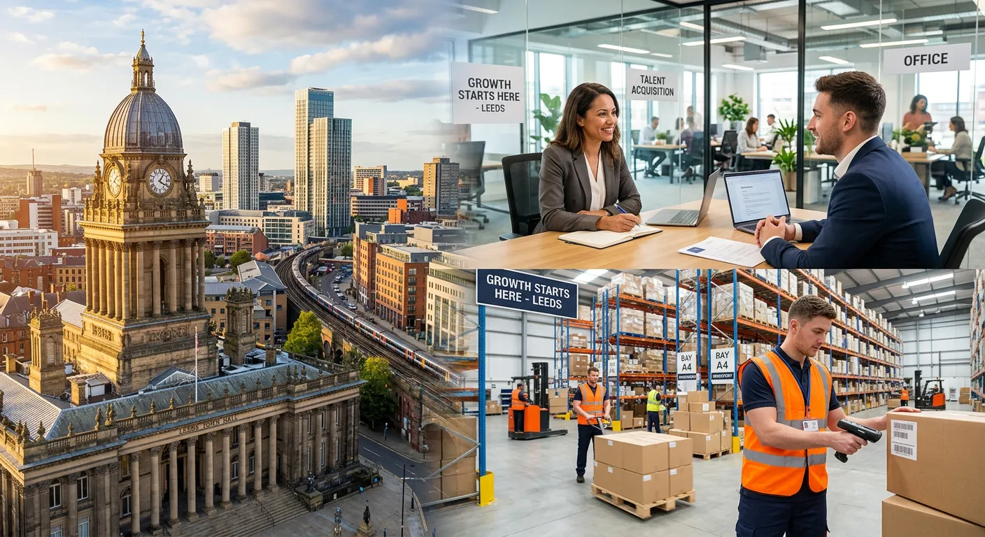A dynamic, professional composite image showing the Leeds skyline (with the Town Hall visible) blend... A dynamic, professional composite image showing the Leeds skyline (with the Town Hall visible) blending into a modern office space where a manager is interviewing a candidate. On the other side, a warehouse operative is scanning goods. Style: Professional, optimistic, and connected. Mood: Energetic, efficient, and growth-oriented.