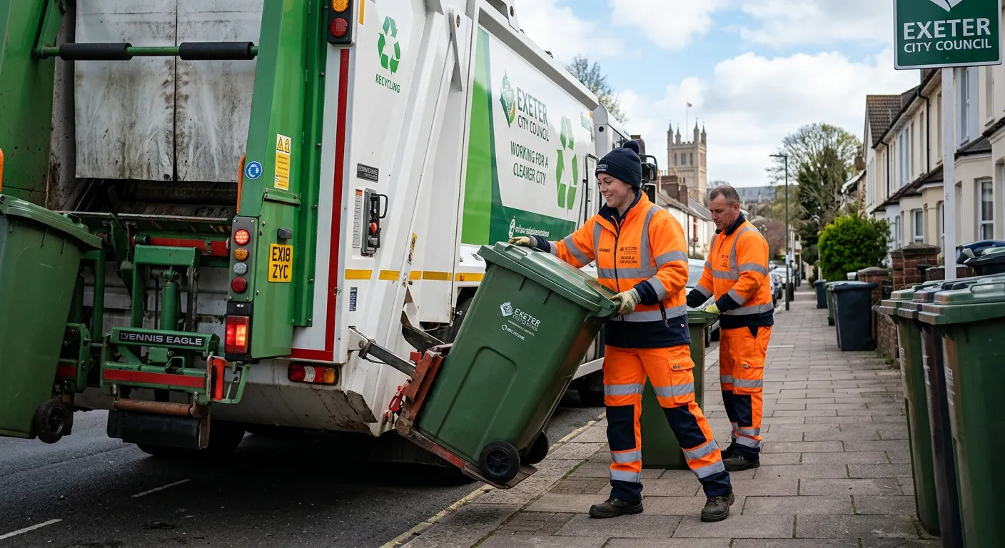 A professional, on-site photograph of a Refuse Operative in Exeter, wearing appropriate safety gear and PPE, efficiently loading a modern waste collection vehicle. The image should convey a sense of teamwork, professionalism, and the importance of the role within the local community.