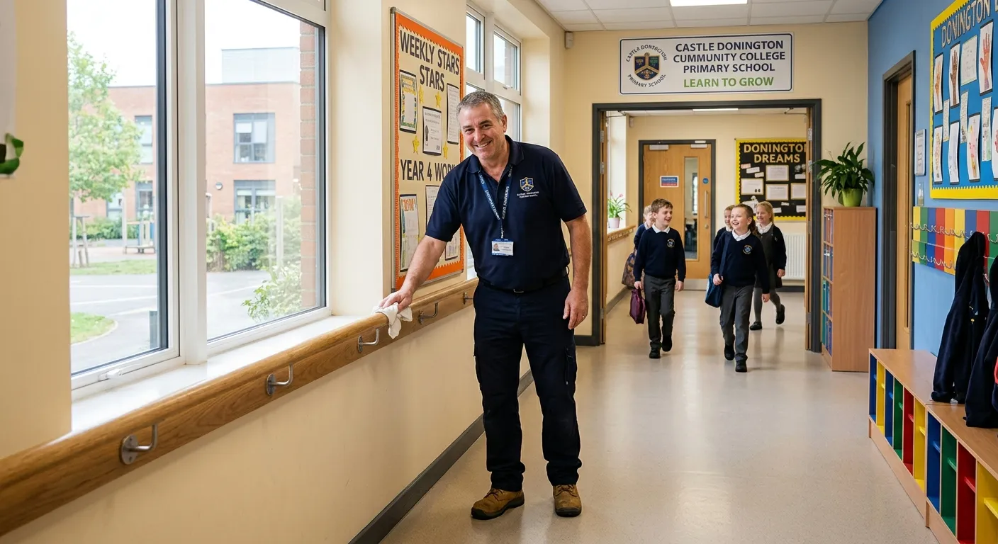 A bright, clean, and welcoming school corridor in a Castle Donington primary school, with a friendly janitor in a uniform smiling while polishing a handrail. Professional, positive, and trustworthy mood.