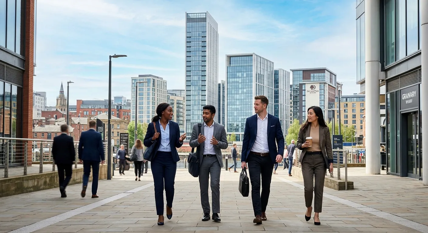 A dynamic, professional photograph of Leeds city skyline (focus on modern offices like Bridgewater P... A dynamic, professional photograph of Leeds city skyline (focus on modern offices like Bridgewater Place) with a diverse group of professionals walking purposefully in the foreground, symbolising opportunity and connection. Bright, optimistic daytime lighting.
