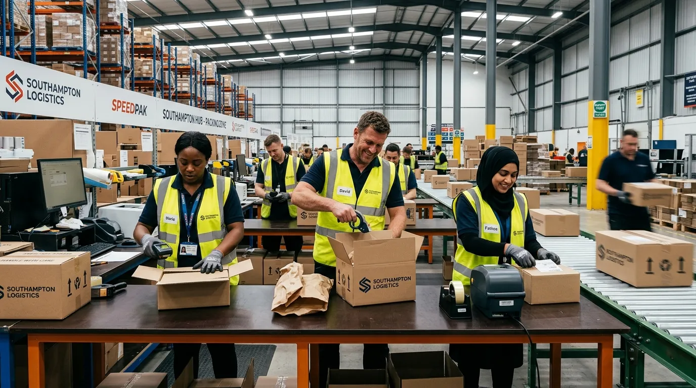 A dynamic, professional hero image showing a diverse team of warehouse operatives efficiently packin... A dynamic, professional hero image showing a diverse team of warehouse operatives efficiently packing goods in a modern, well-lit Southampton logistics hub. The mood is energetic, productive, and focused.