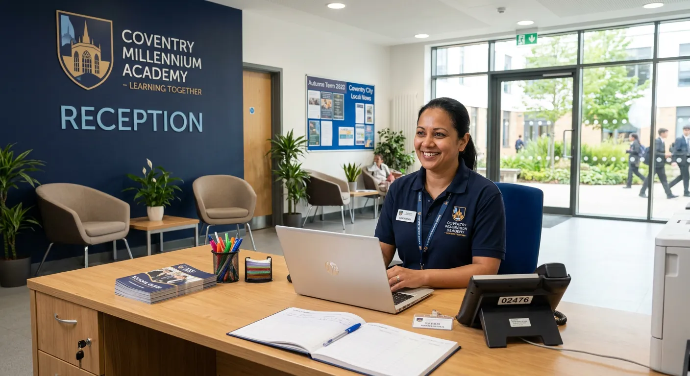 A professional, welcoming photograph of a modern school reception area in Coventry, featuring a frie... A professional, welcoming photograph of a modern school reception area in Coventry, featuring a friendly admin staff member at a tidy desk with a computer, a phone, and organised stationery. The mood is efficient, helpful, and local.
