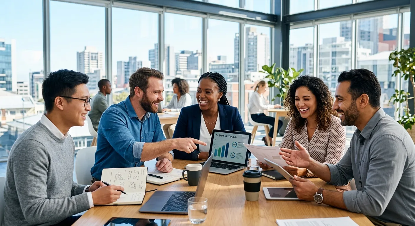 A modern, dynamic hero image showing a diverse team of professionals collaborating in a bright, sunl... A modern, dynamic hero image showing a diverse team of professionals collaborating in a bright, sunlit office. Focus on faces showing satisfaction and teamwork. Style: Professional, aspirational, high-contrast. Mood: Successful, efficient, forward-thinking.