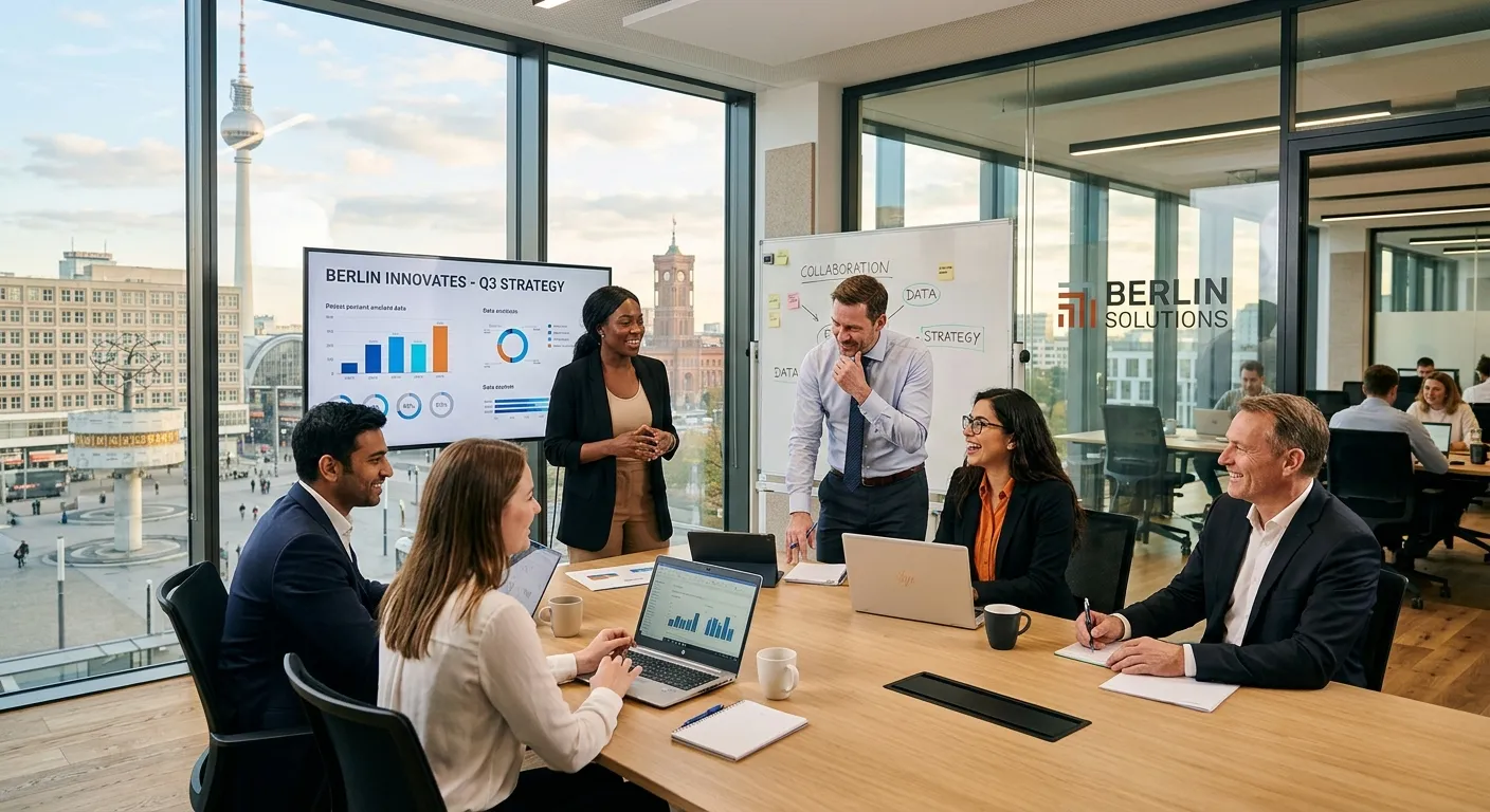 A professional, dynamic photo of a diverse team of professionals collaborating in a modern German office, with a Berlin skyline visible through the window. Style: Corporate, vibrant, high-quality. Mood: Productive, innovative, and connected.