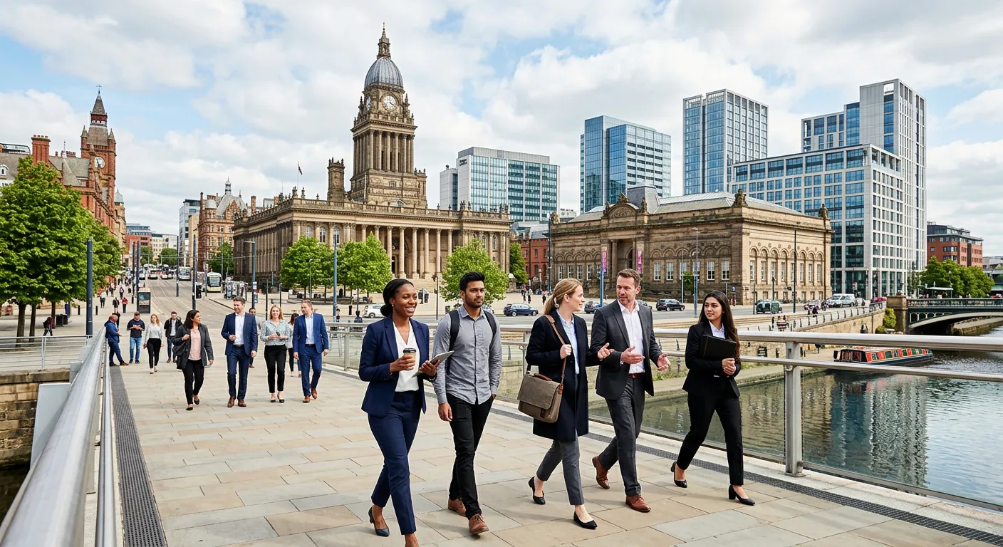 A dynamic, professional photo of Leeds city skyline blending modern office buildings with historic a... A dynamic, professional photo of Leeds city skyline blending modern office buildings with historic architecture, featuring diverse professionals walking purposefully. Style: vibrant, aspirational, daytime.
