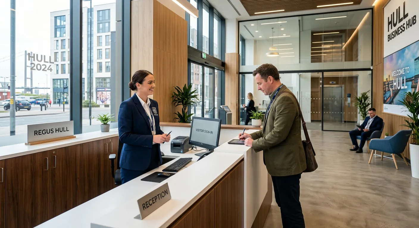 A professional, well-lit photograph of a corporate reception area in a modern office building in Hul... A professional, well-lit photograph of a corporate reception area in a modern office building in Hull. A smartly dressed security officer in a suit is politely assisting a visitor at a sleek reception desk. The mood is professional, welcoming, and secure.