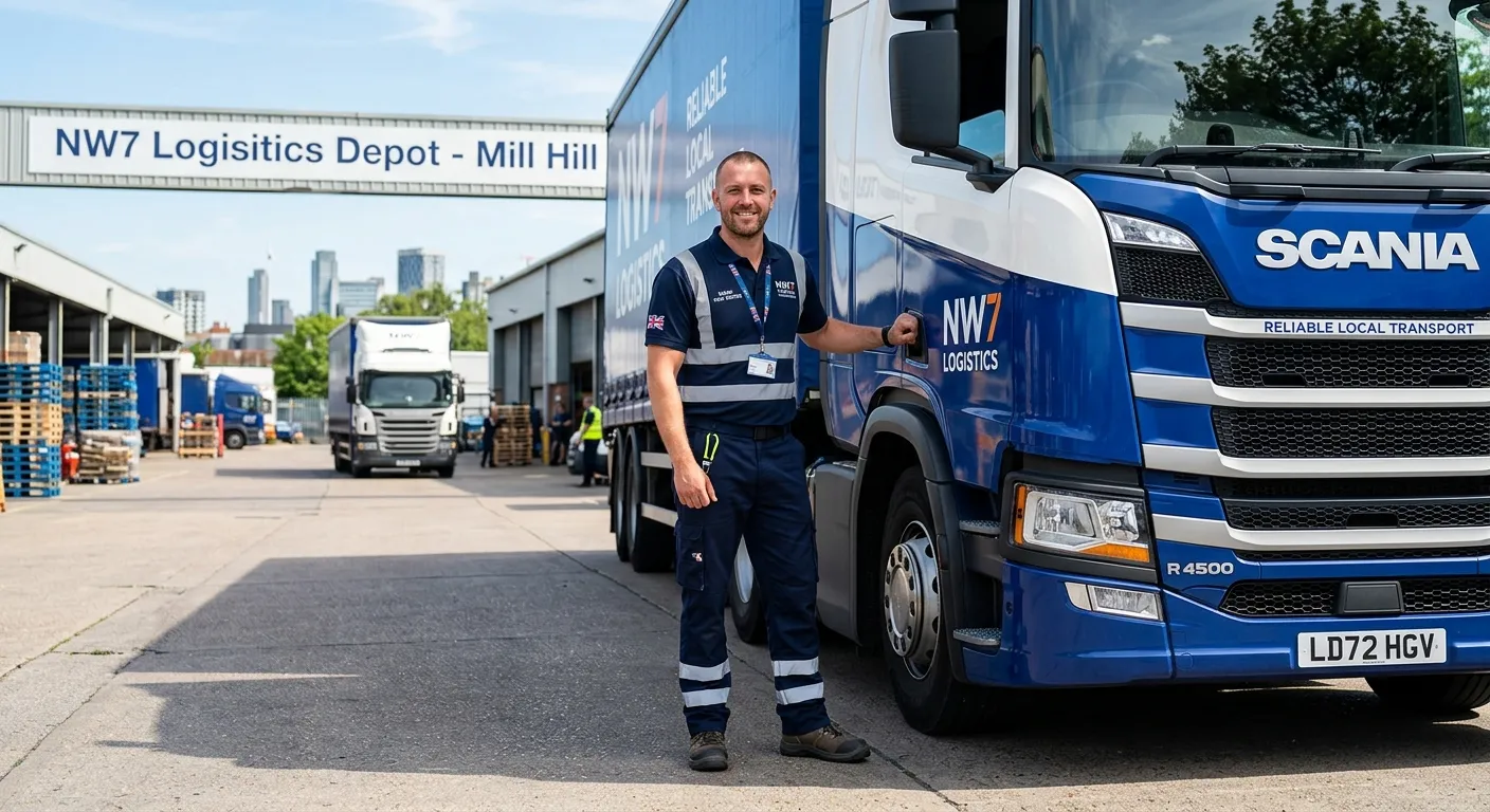 Professional photo of a confident HGV Driver in uniform, standing next to a modern articulated lorry in a NW7 depot setting. Bright, clear day, emphasising reliability and local work.