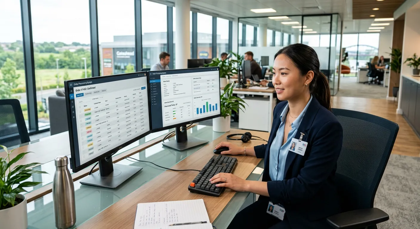 A professional, confident individual working efficiently at a modern office workstation with dual mo... A professional, confident individual working efficiently at a modern office workstation with dual monitors, processing orders on-screen. The scene is bright, clean, and located in a contemporary Gateshead business park, conveying a sense of productivity and professionalism.