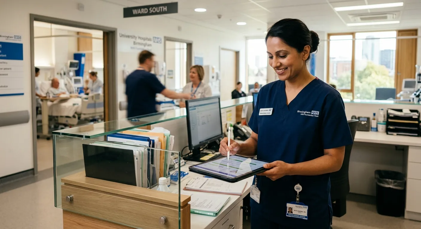 A professional, friendly Registered Nurse in a modern Birmingham healthcare setting, confidently using a digital chart. Style: Authentic, warm, and professional. Mood: Trustworthy and competent.