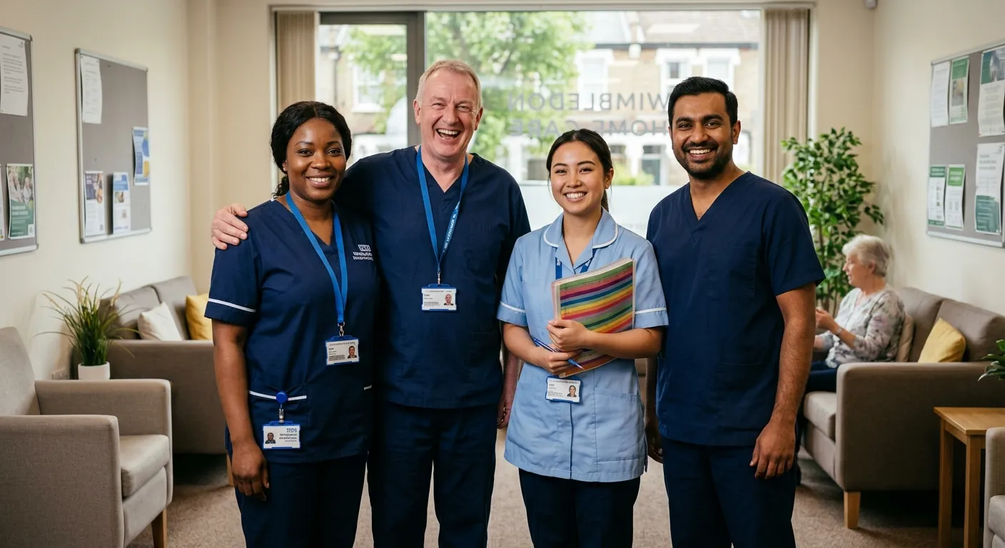 A professional, warm, and trustworthy photo of a diverse team of Healthcare Support Workers in Wimbl... A professional, warm, and trustworthy photo of a diverse team of Healthcare Support Workers in Wimbledon, smiling in a modern clinical or care home setting. Style: Authentic, high-resolution, with a focus on compassion and teamwork. Mood: Welcoming, professional, and community-focused.