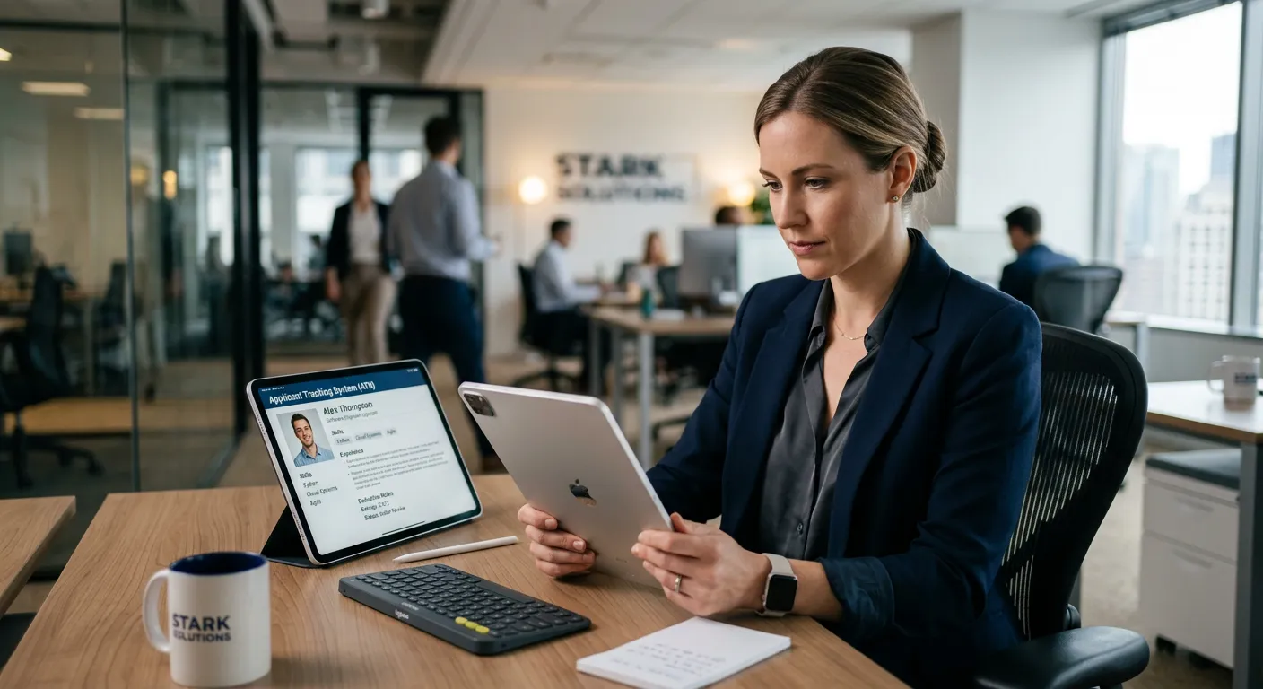 Modern professional HR manager reviewing candidate profiles on a digital tablet, with a blurred offi... Modern professional HR manager reviewing candidate profiles on a digital tablet, with a blurred office background. Style: Clean, corporate, focused. Mood: Efficient, intelligent, selective.