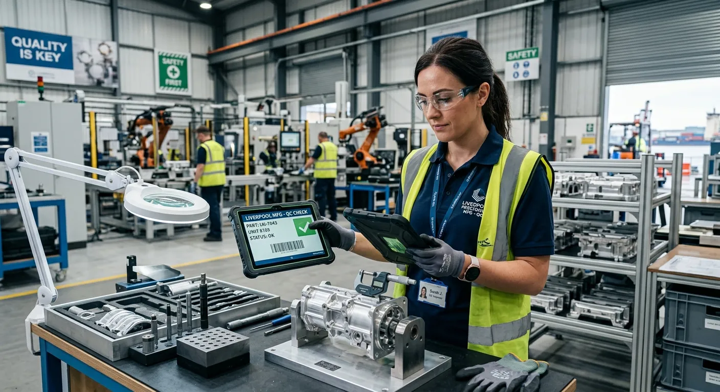 A professional, confident Quality Control Inspector in a modern manufacturing or warehouse environme... A professional, confident Quality Control Inspector in a modern manufacturing or warehouse environment in Liverpool, using a digital tablet to inspect components, conveying precision and expertise.