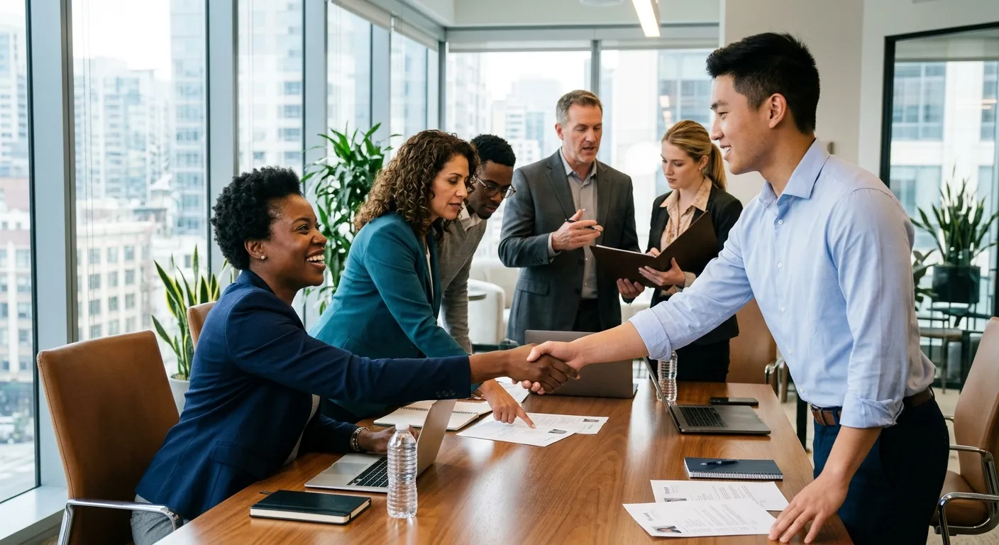 A diverse group of professional recruiters and job seekers in a modern, well-lit office, shaking hands and reviewing documents together. Professional, collaborative, and dynamic mood.