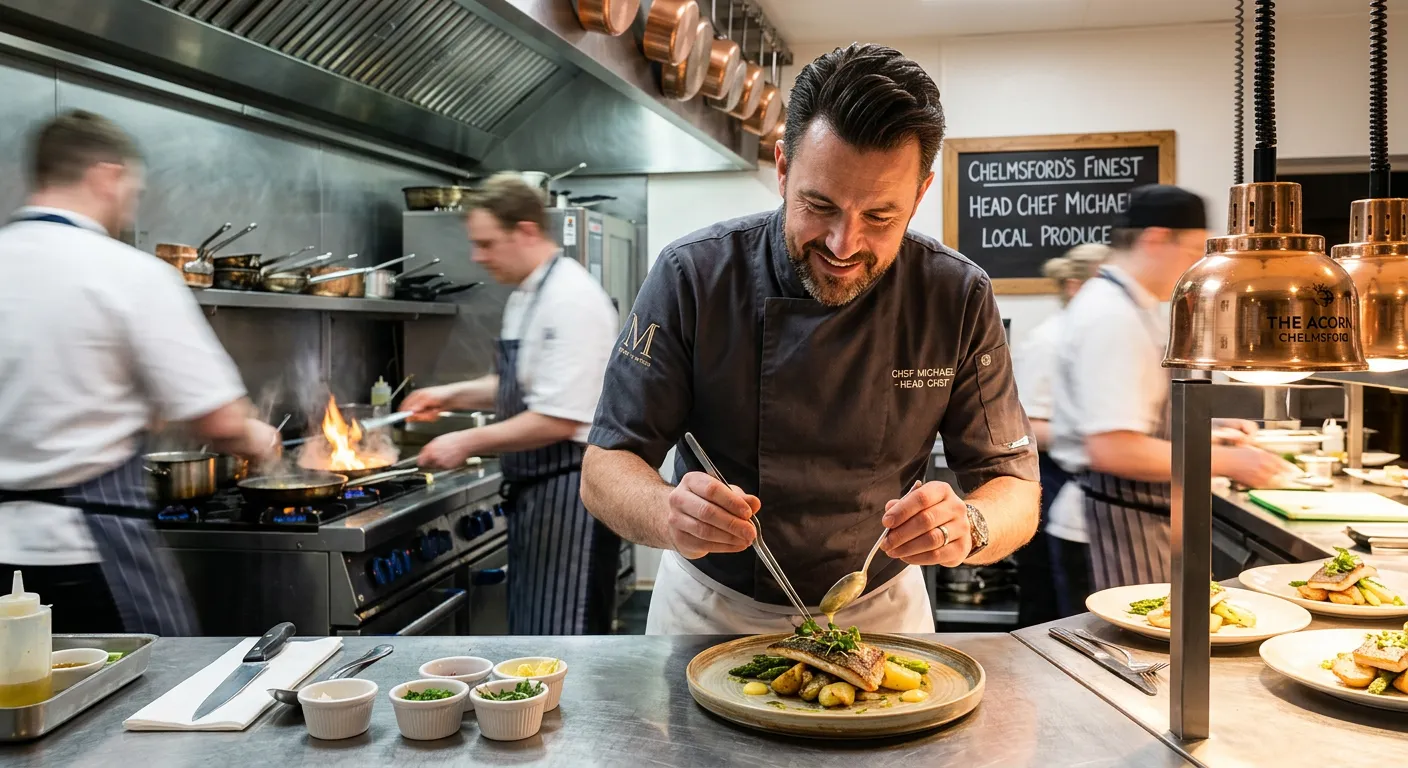 A professional, dynamic shot of a Head Chef in a modern, busy kitchen in Chelmsford, confidently pla... A professional, dynamic shot of a Head Chef in a modern, busy kitchen in Chelmsford, confidently plating a dish. Focus on leadership and culinary skill. Style: Bright, clean, professional photography.