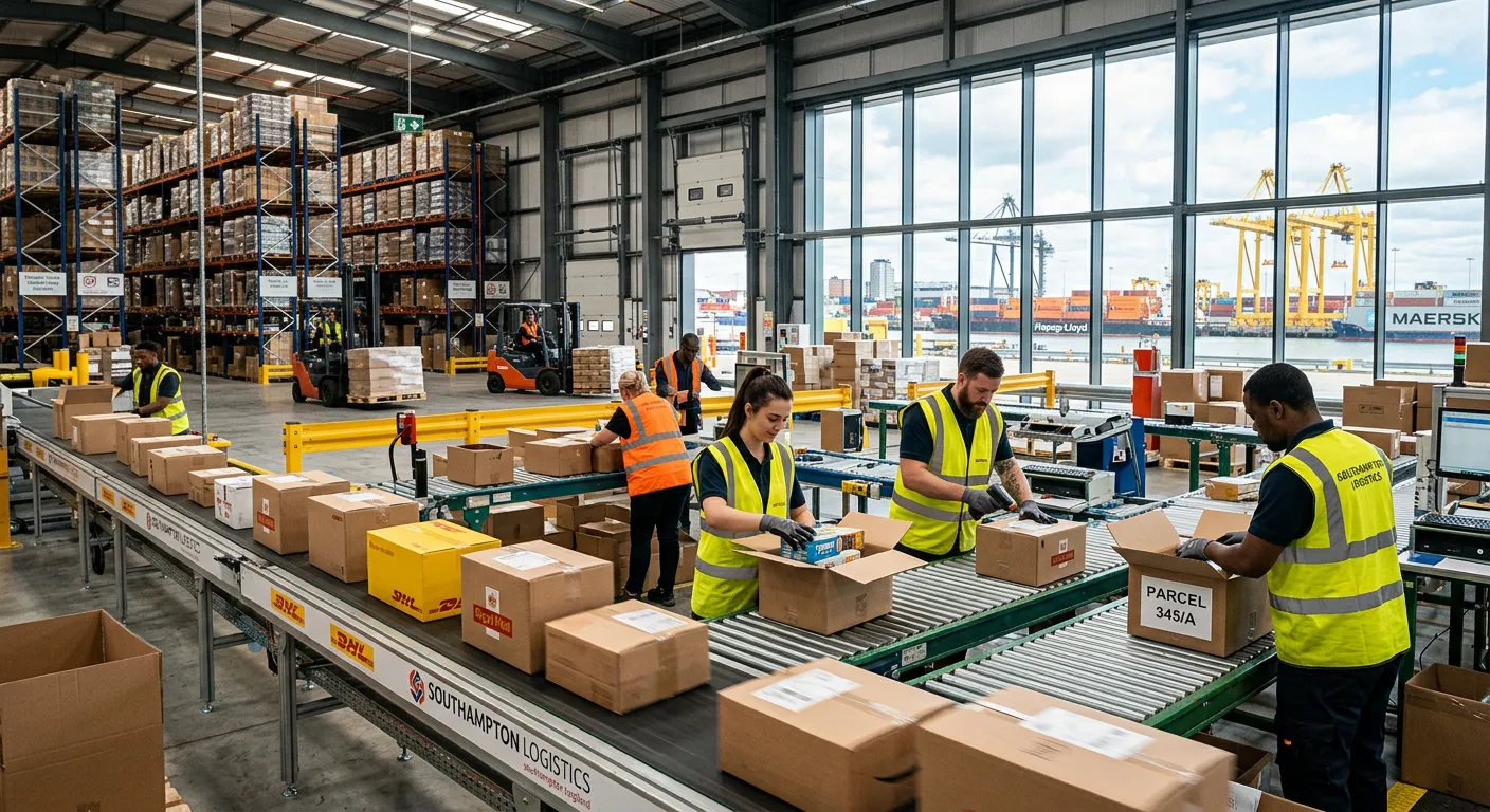 A dynamic, high-energy shot of a modern, efficient warehouse in Southampton. Workers in high-visibil... A dynamic, high-energy shot of a modern, efficient warehouse in Southampton. Workers in high-visibility vests are actively engaged in packing goods on a conveyor line, with the Port of Southampton cranes visible in the background through large windows. The mood is professional, busy, and productive.