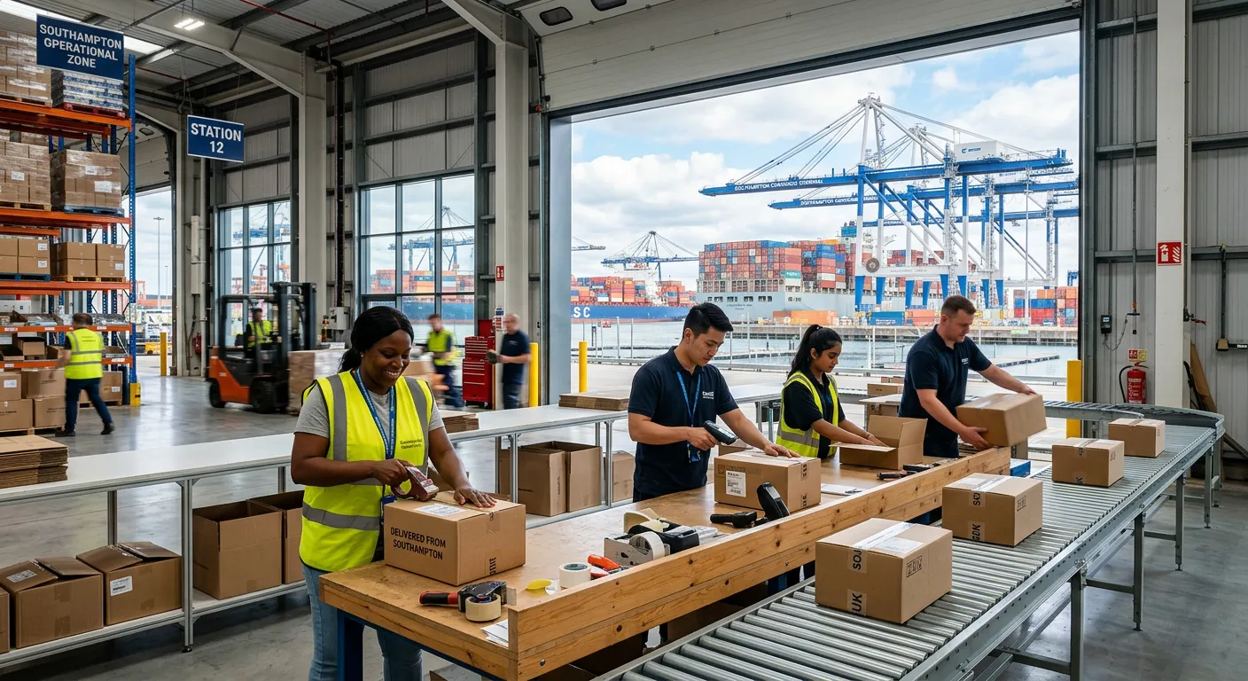 A dynamic, high-energy photograph of a modern, efficient warehouse packing operation in Southampton.... A dynamic, high-energy photograph of a modern, efficient warehouse packing operation in Southampton. Diverse team members are packing goods in a clean, organized facility with visible port cranes in the background, symbolising Southampton's logistics hub. Professional, vibrant, and action-oriented.