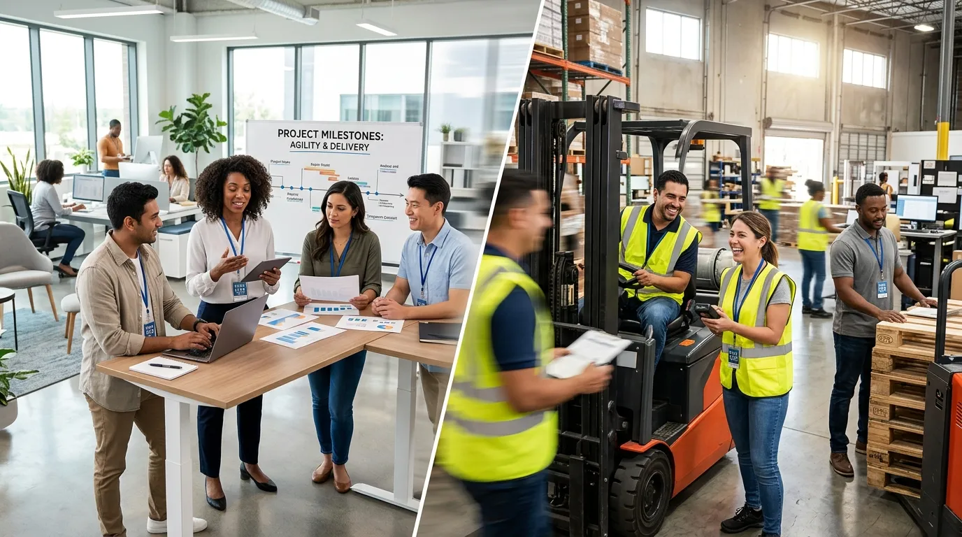 A dynamic, professional hero image showing a diverse team of temporary workers collaborating in a mo... A dynamic, professional hero image showing a diverse team of temporary workers collaborating in a modern office and a bustling warehouse, symbolizing flexibility and partnership. The mood is energetic, efficient, and forward-thinking.