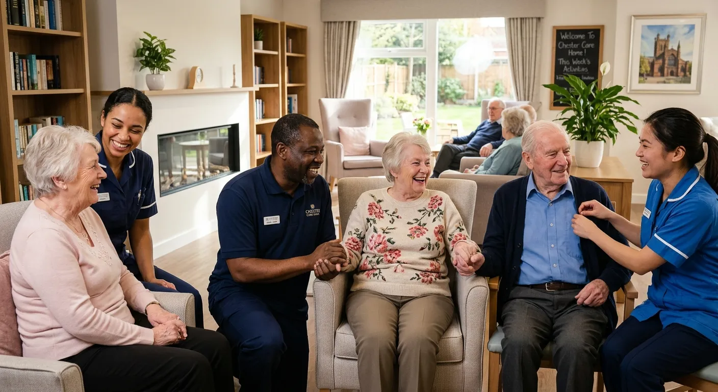 A professional, warm, and welcoming photo of a diverse group of care home staff in Chester, smiling and interacting positively with elderly residents in a bright, modern care home lounge. Style: Authentic, high-quality stock photo conveying compassion and professionalism.