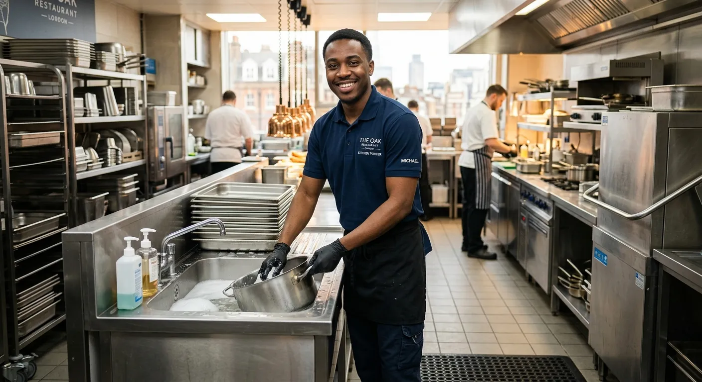 Professional, clean photo of a Kitchen Porter in a modern, well-equipped commercial kitchen in Londo... Professional, clean photo of a Kitchen Porter in a modern, well-equipped commercial kitchen in London, wearing a uniform and smiling confidently. The mood should be bright, efficient, and welcoming, showcasing a positive work environment.