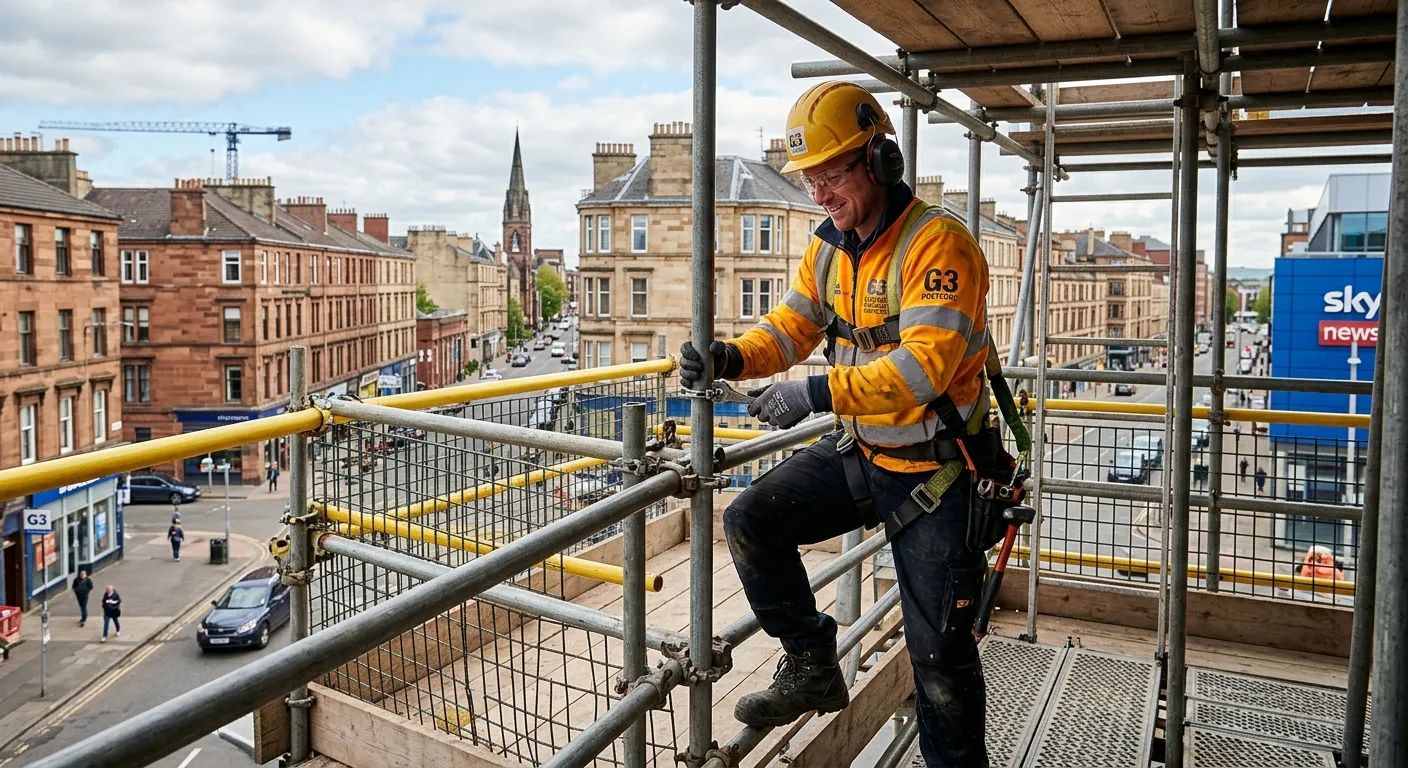 A professional and safe Scaffolder working on a secure scaffold structure on a Glasgow G3 constructi... A professional and safe Scaffolder working on a secure scaffold structure on a Glasgow G3 construction site, wearing full PPE, with a confident and focused expression. The background shows typical Glasgow city architecture.