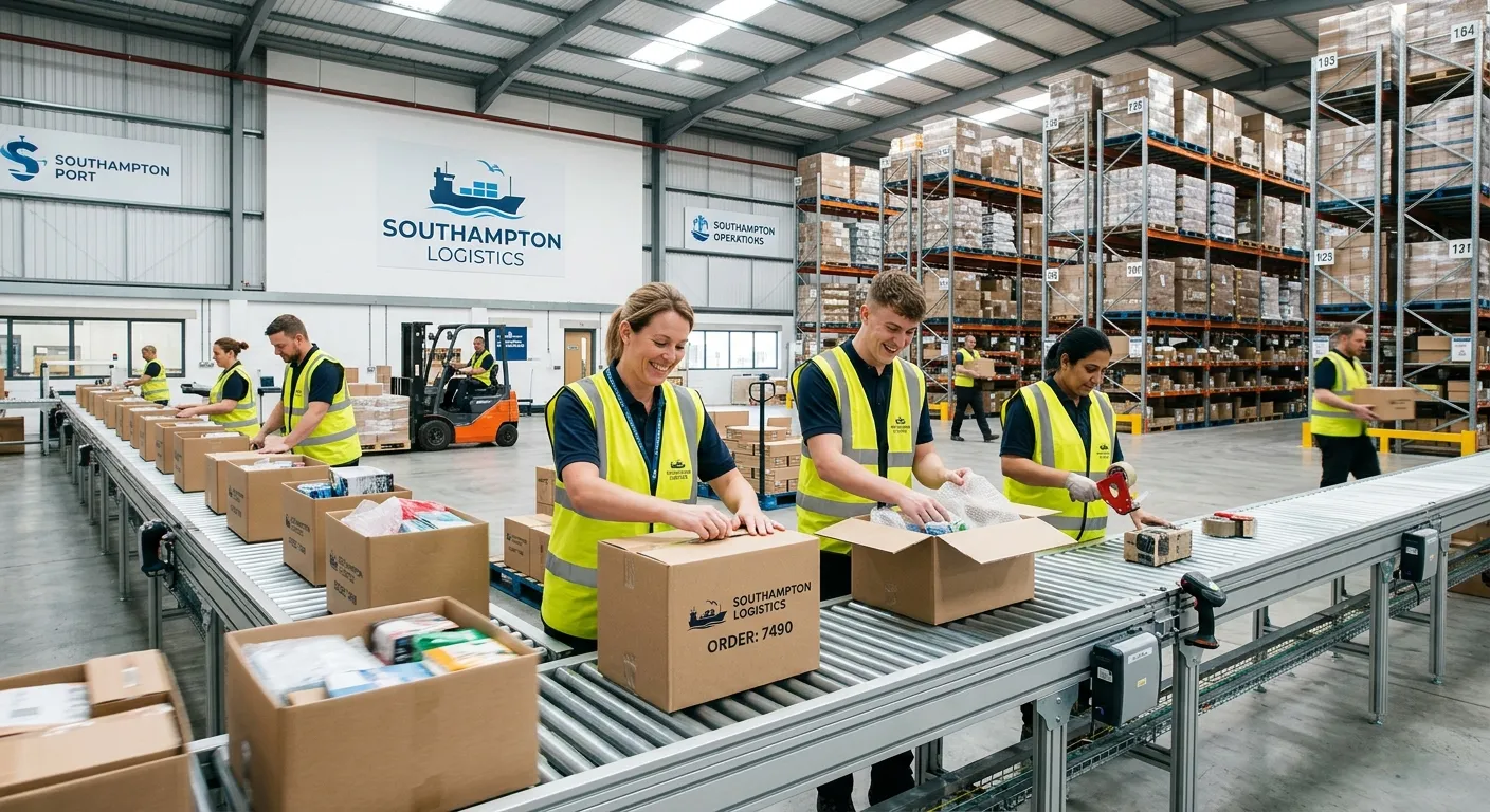 A dynamic, professional shot of a modern, clean warehouse in Southampton with workers efficiently pa... A dynamic, professional shot of a modern, clean warehouse in Southampton with workers efficiently packing goods into boxes on a conveyor line, showcasing teamwork and a positive work environment.