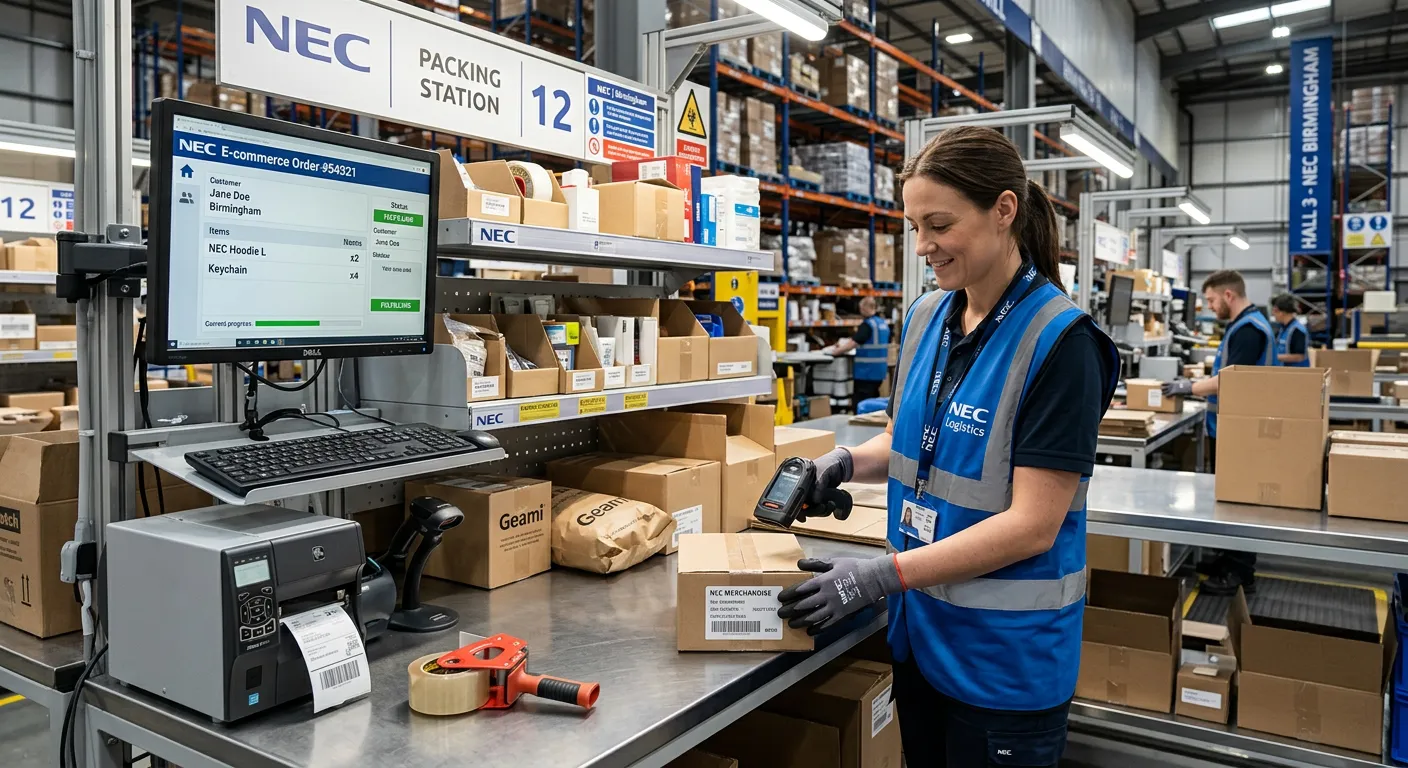 A modern, well-lit warehouse packing station at the NEC, showing a packer using a handheld scanner on a product next to a computer screen displaying an order, with organised boxes and packing materials.