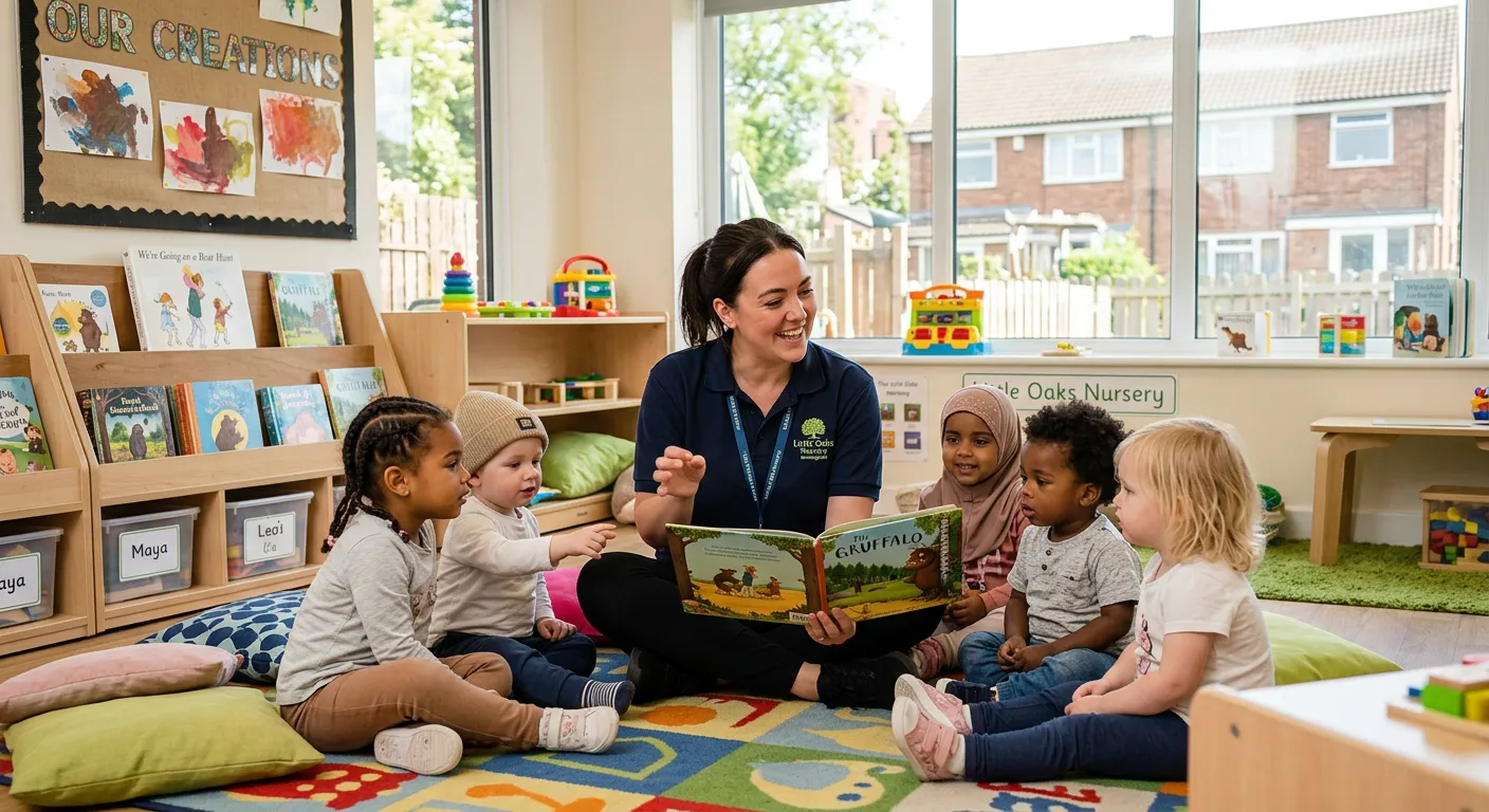A professional, warm image of a Nursery Nurse / Practitioner engaging with children in a bright, mod... A professional, warm image of a Nursery Nurse / Practitioner engaging with children in a bright, modern nursery setting in Birmingham. The practitioner is smiling and reading a book to a small group of toddlers, showcasing a caring and professional environment.