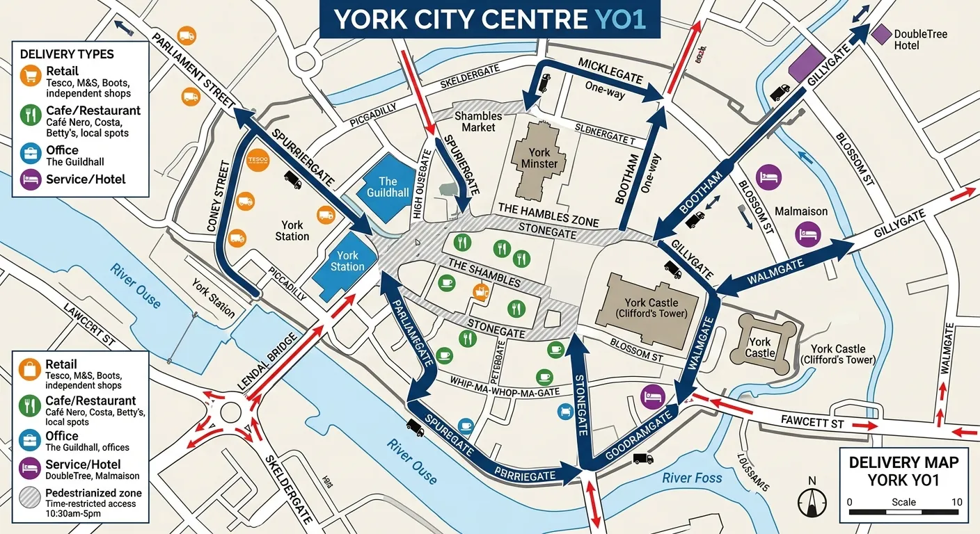 A detailed map graphic of York city centre YO1, highlighting key delivery routes, major traffic flow... A detailed map graphic of York city centre YO1, highlighting key delivery routes, major traffic flow arrows, and icons marking common delivery points like retail stores, cafes, and offices.
