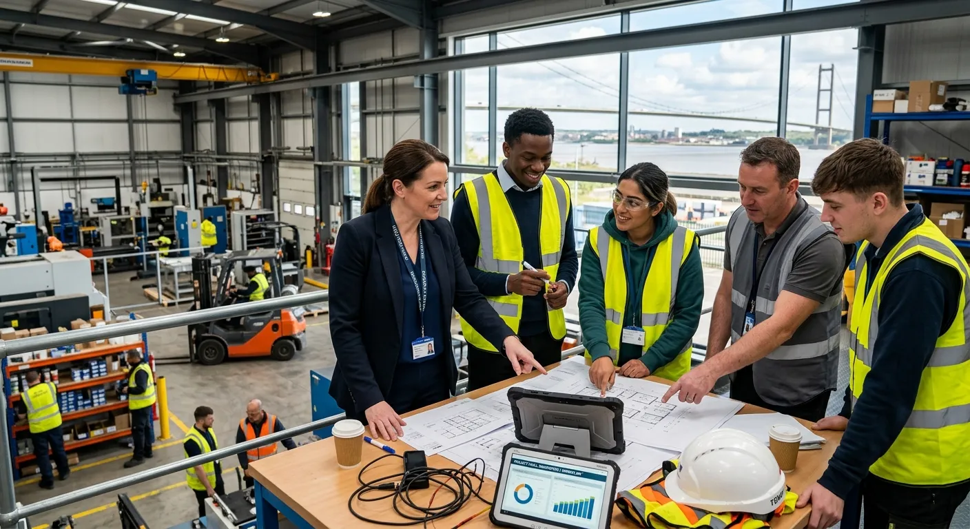 A dynamic, professional photo of a diverse group of temporary workers and a manager collaborating in a modern Hull-based industrial or office setting, showcasing teamwork and productivity. The mood is energetic, professional, and forward-looking.