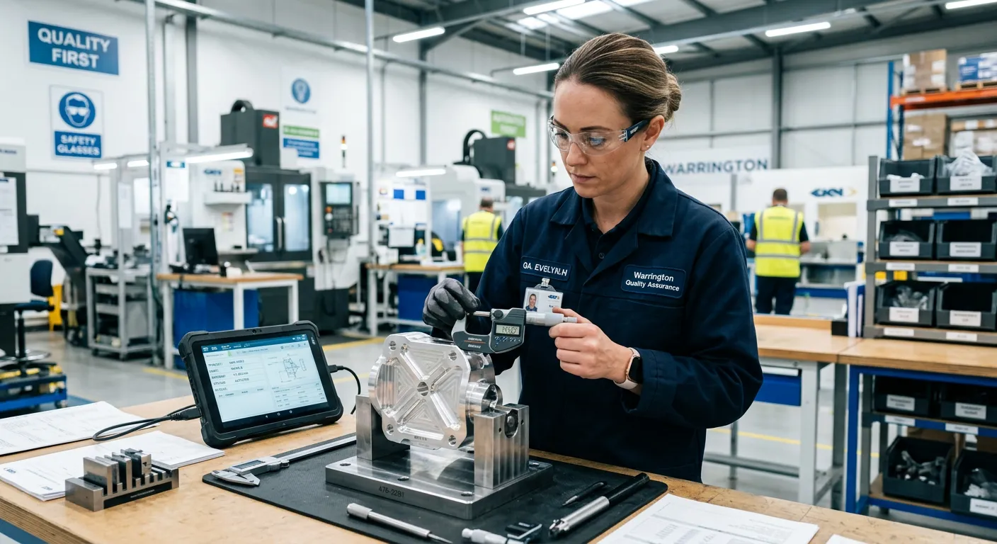 Professional photo of a Quality Control Inspector in a modern, clean manufacturing or warehouse environment in Warrington, using digital gauges to inspect a precision metal component. The scene is bright, focused, and conveys trust and attention to detail.