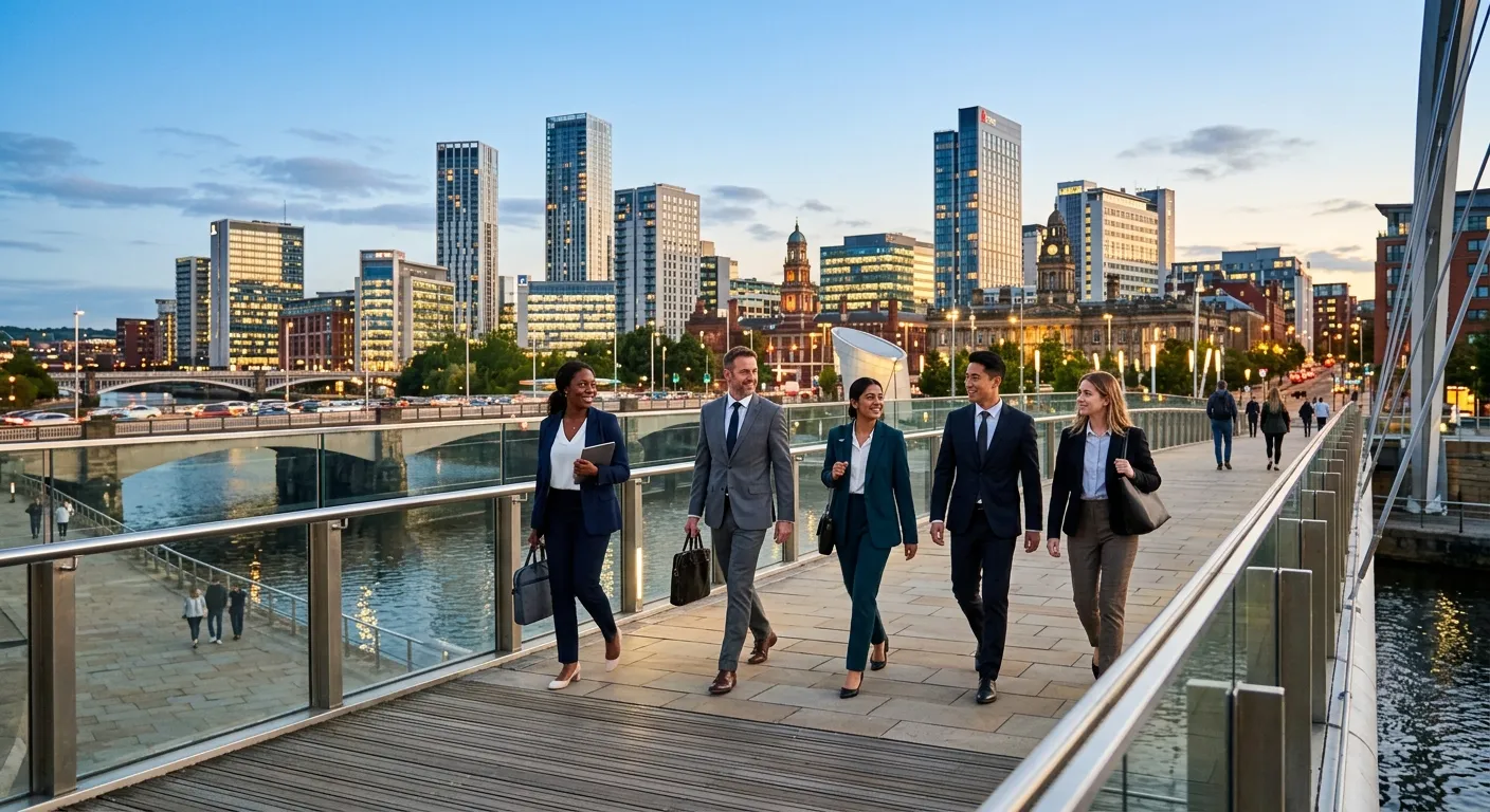 A dynamic, professional photo of Leeds city skyline with modern office buildings, featuring a divers... A dynamic, professional photo of Leeds city skyline with modern office buildings, featuring a diverse group of professionals walking confidently across a bridge, symbolising opportunity and connection. Style: Vibrant, sharp, inspiring.