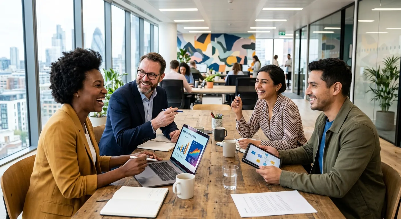 A diverse group of professional agency workers collaborating in a modern office setting, smiling and engaged. Style: Professional, bright, and energetic corporate photography.