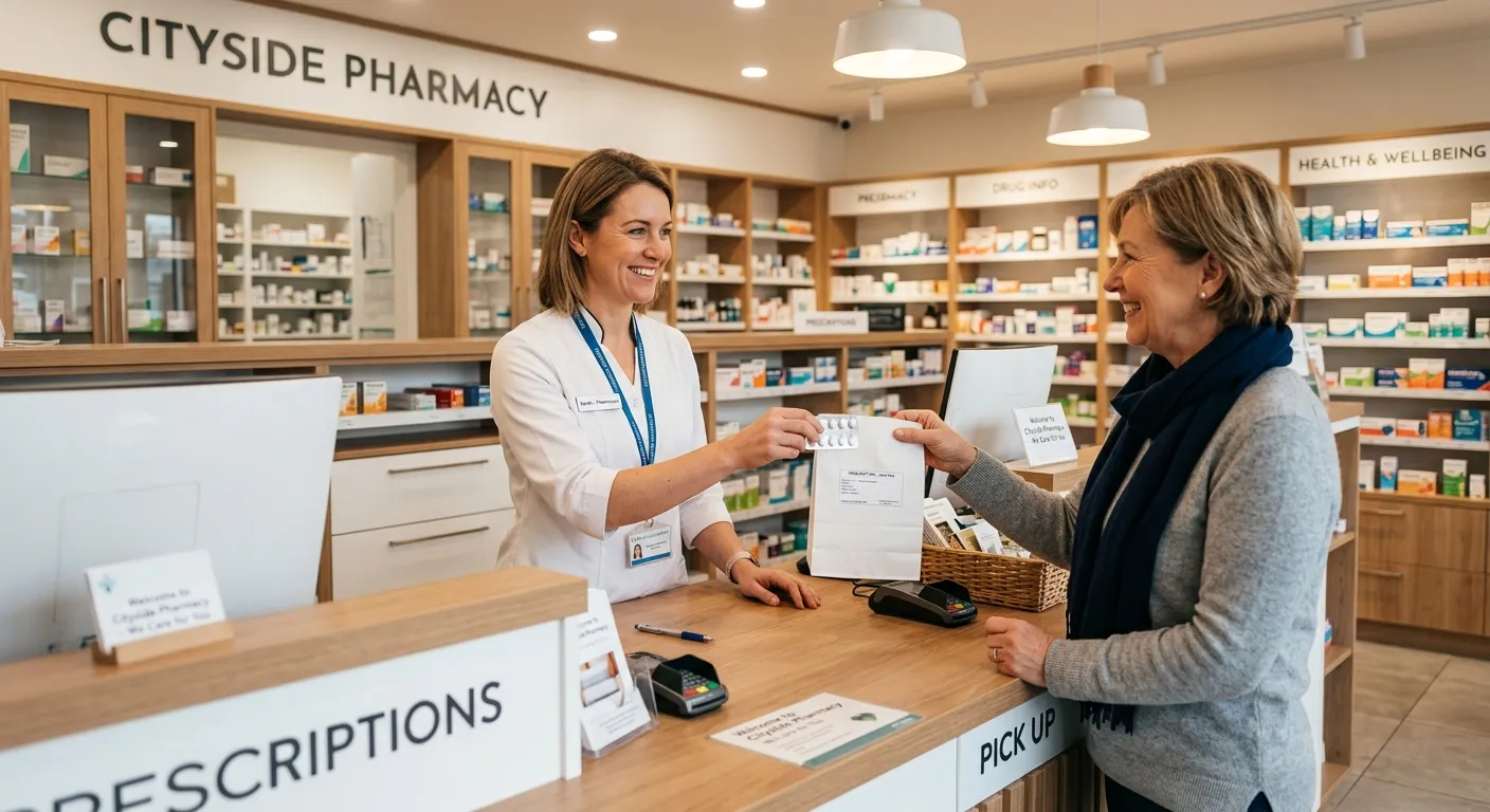 A professional pharmacy counter with a friendly assistant handing a prescription to a customer, warm... A professional pharmacy counter with a friendly assistant handing a prescription to a customer, warm lighting, modern clean interior, welcoming atmosphere