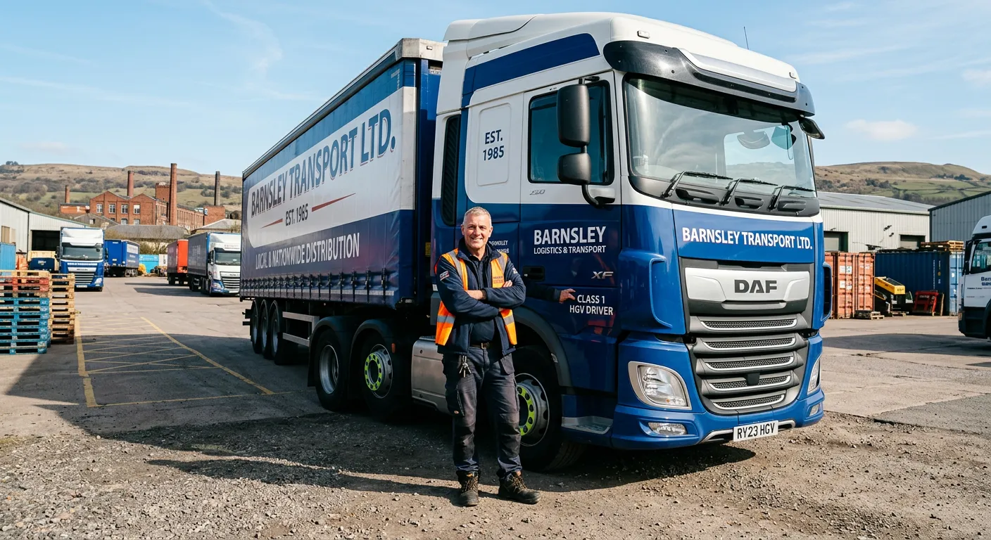 A professional, confident HGV Driver Class 1 standing next to a modern articulated lorry in an industrial yard in Barnsley, South Yorkshire. The image should convey reliability, safety, and the local setting, with a bright, clear sky.