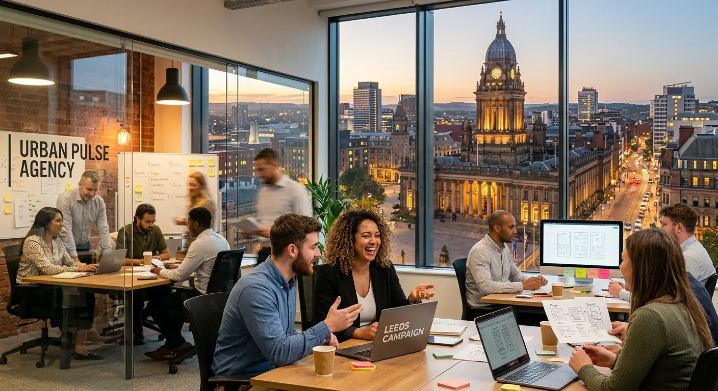 A dynamic, professional photo of the Leeds skyline (with the Town Hall or Victoria Gate visible) blending into a modern, bustling office environment with diverse agency staff collaborating. Style: Vibrant, inspiring, with a focus on human connection and urban energy.