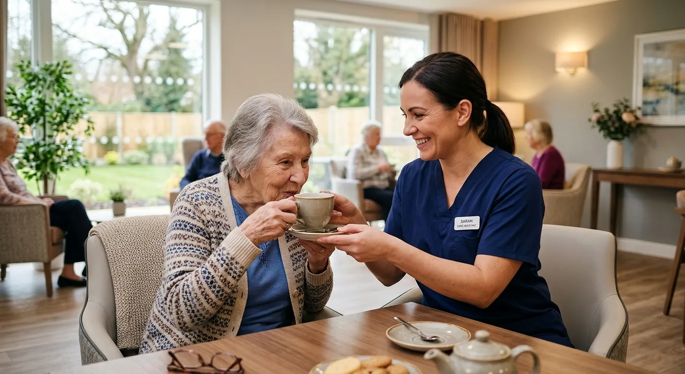 A professional and compassionate-looking Care Assistant in a bright, modern care home setting in Hea... A professional and compassionate-looking Care Assistant in a bright, modern care home setting in Heathrow, smiling while assisting a resident with a cup of tea. Style: Warm, authentic, and professional. Mood: Trustworthy, caring, and welcoming.