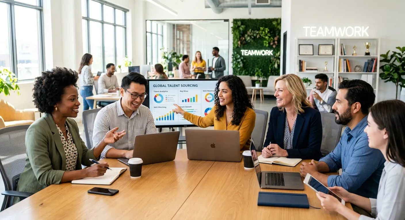 A diverse group of modern professionals collaborating in a bright, open-plan office, representing su... A diverse group of modern professionals collaborating in a bright, open-plan office, representing successful talent sourcing. Style: professional, vibrant, and aspirational.