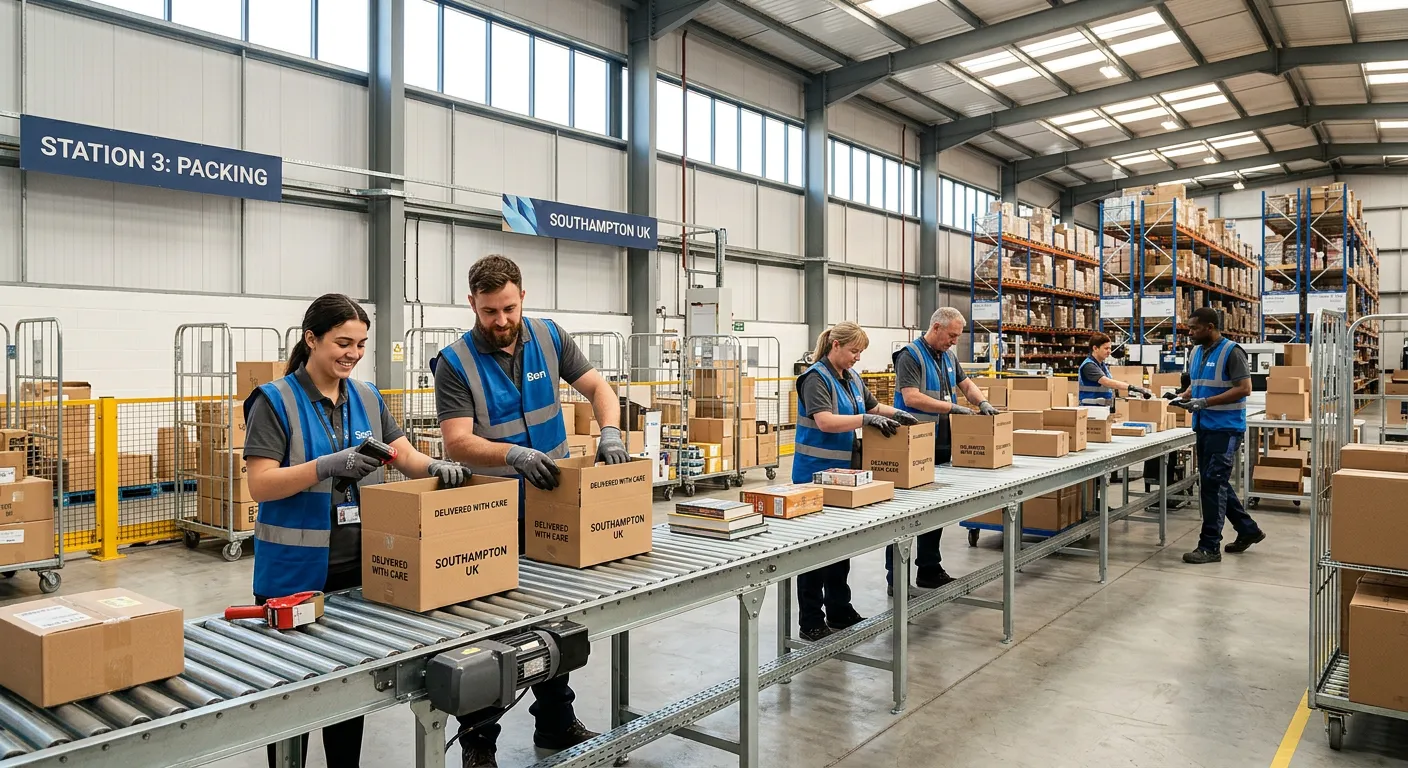 A bright, modern warehouse in Southampton with workers efficiently packing boxes on a clean conveyor... A bright, modern warehouse in Southampton with workers efficiently packing boxes on a clean conveyor belt system, natural daylight streaming through high windows, professional and organised atmosphere, warm and inviting style showing teamwork and productivity