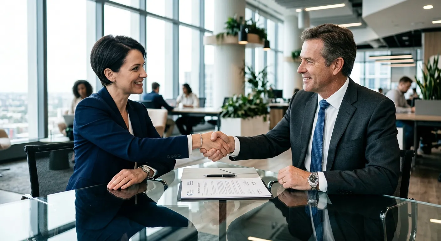 A professional, high-contrast image of a business manager and a recruitment consultant shaking hands over a contract document on a modern glass desk. The background is a bright, blurred office, symbolizing partnership and agreement.