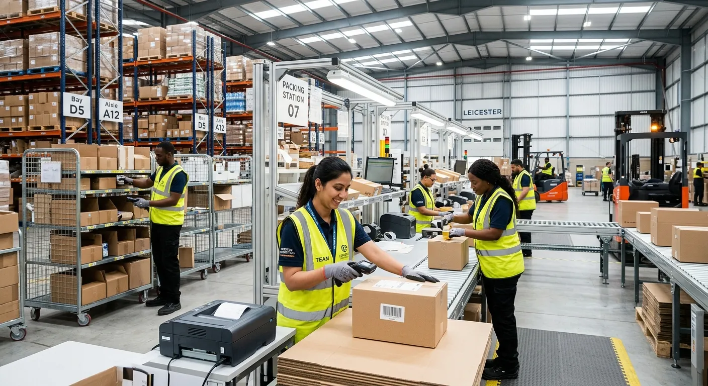 A dynamic, modern warehouse interior in Leicester with a diverse team of pickers and packers efficie... A dynamic, modern warehouse interior in Leicester with a diverse team of pickers and packers efficiently working with handheld scanners and packing stations. Bright, clean, and professional mood.